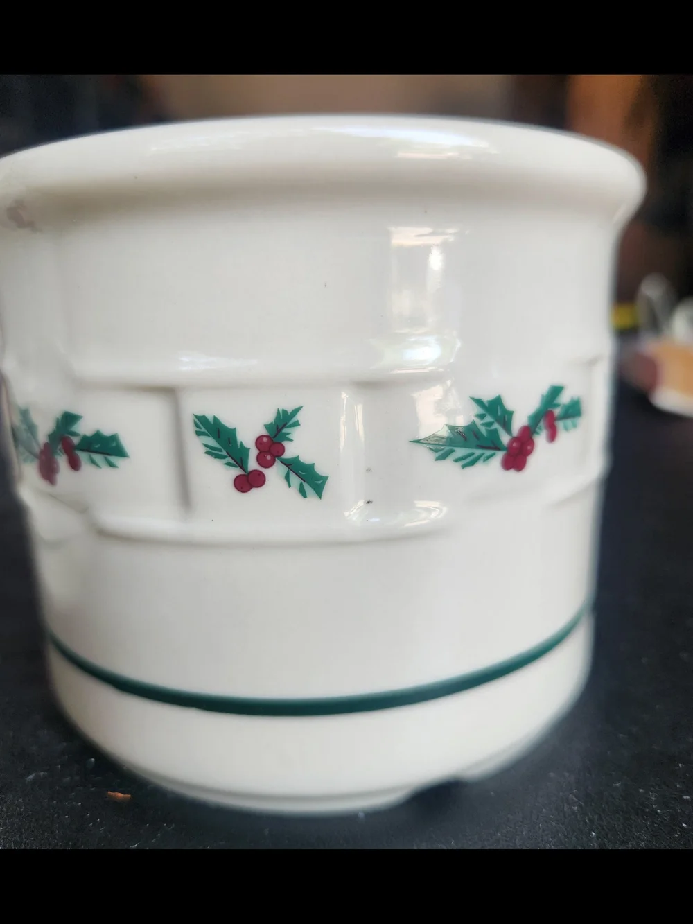2 Longaberger Pottery One Pint Crock Woven Christmas Traditional Holly & Berries